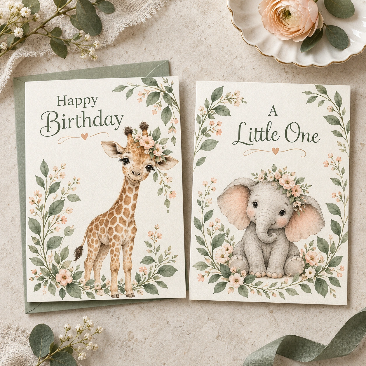 Birthday and baby celebration cards illustrated with a giraffe and elephant