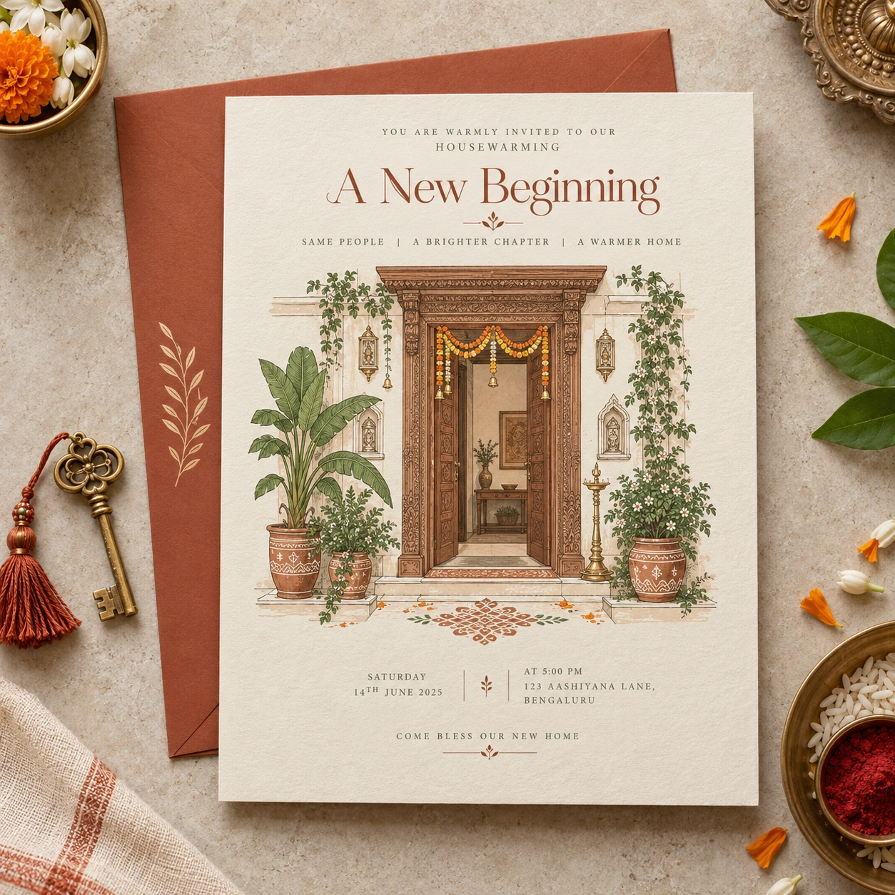 Ivory housewarming invitation with an illustrated doorway, plants and marigold garlands