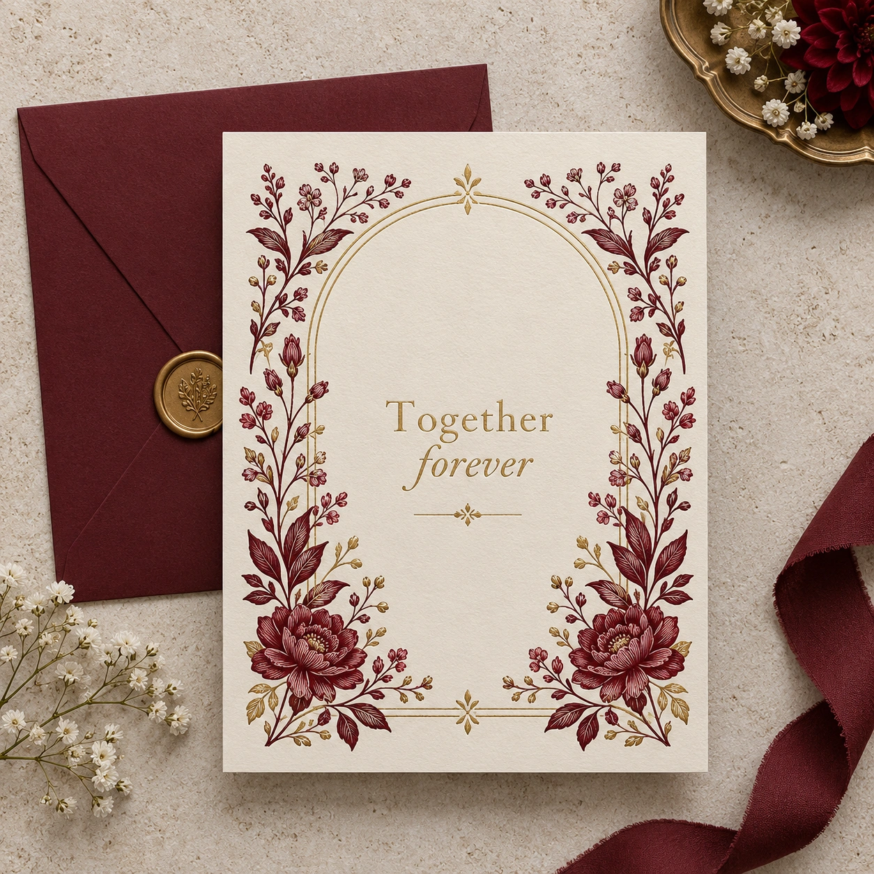 Ivory wedding invitation with burgundy botanical borders and a red envelope
